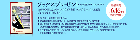 ソックスプレゼント～父の日プレゼントフェア！～1点5,000円以上のメンズウェアお買い上げでソックス1足をプレゼントいたします。開催期間～6/16まで （ご注文受付分）