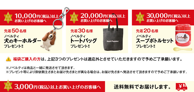 10,000円、20,000円、30,000円以上お買い上げのお客様へ先着順で更にプレゼント。