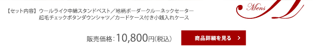 【セット内容】  ウールライク中綿スタンドベスト／地柄ボーダークルーネックセーター／起毛チェックボタンダウンシャツ／カードケース付き小銭入れケース